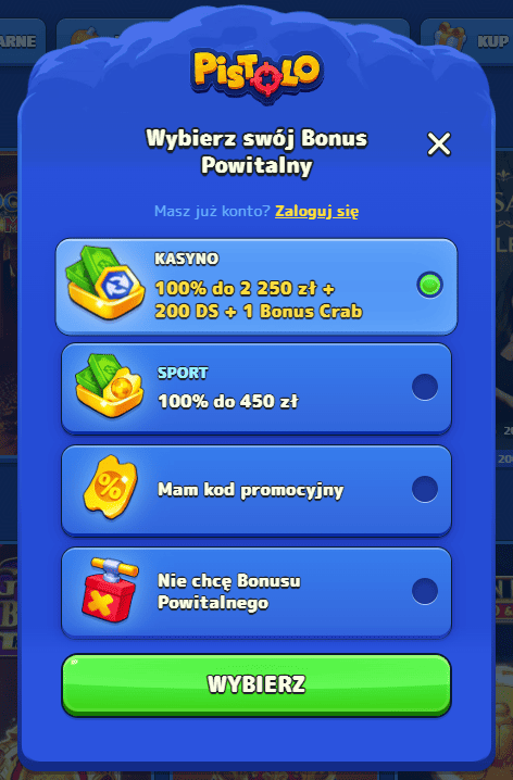 Rejestracja w Pistolo Casino